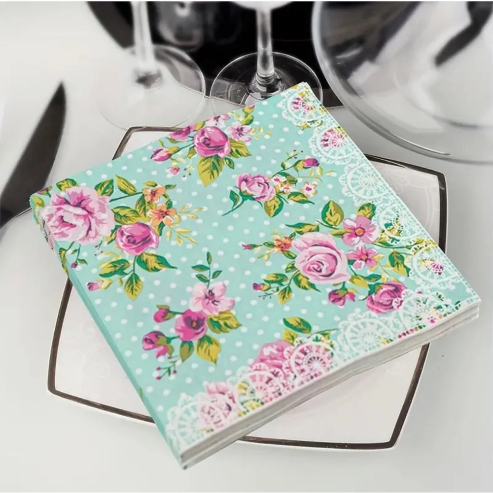Rose Pink Floral with Faux Lace Border Luncheon Napkins, 20 ct